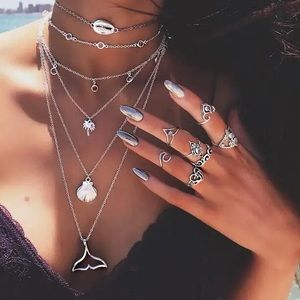 Shell, Palm Tree, Whale Tail Silver Beach Nautical Layered Bohemian Necklace